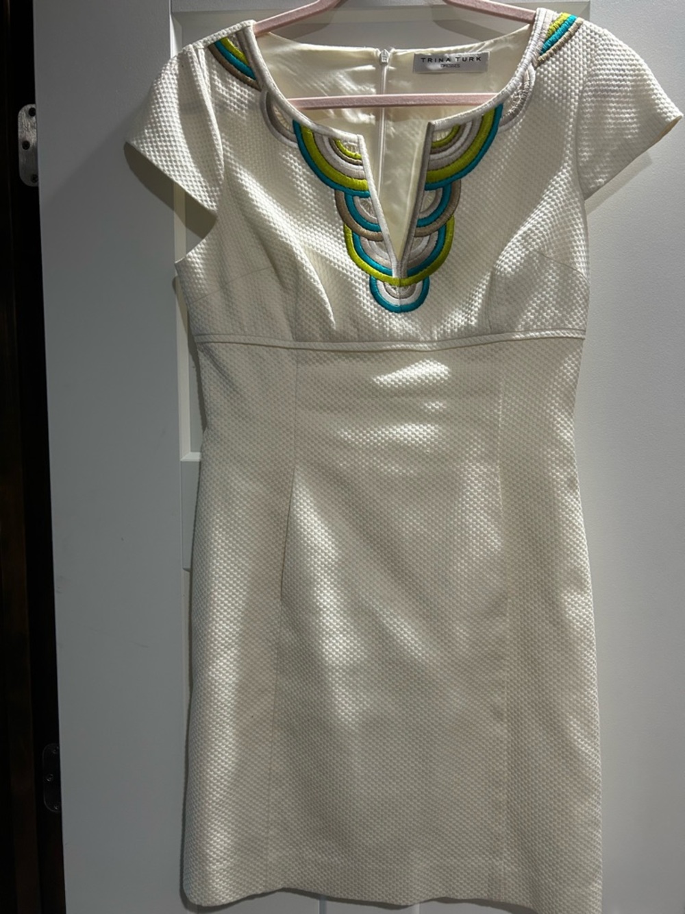 Trina Turk Ivory Mini Dress with Blue-Green Embroidery